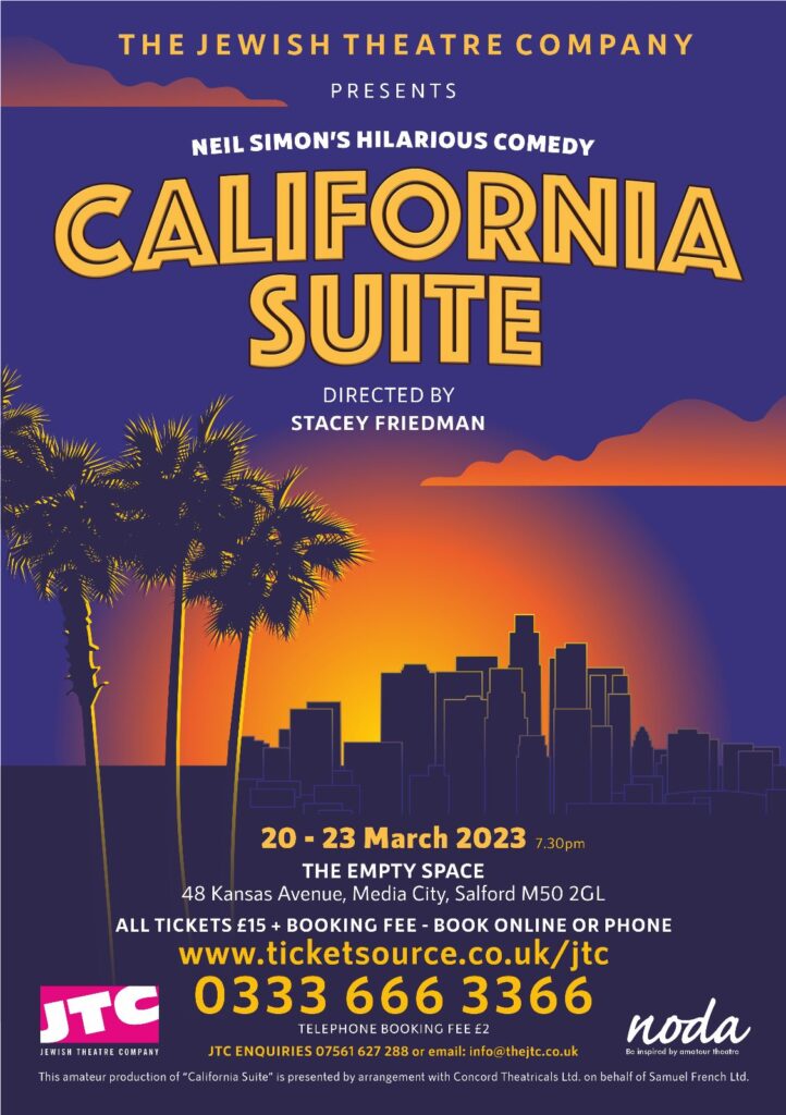 California Suite by Neil Simon. 

A four-part comedy confection as only Neil Simon can write it! 

The play showcases four couples, from London, Philadelphia, Chicago and New York, who travel to Los Angeles at different times during the same year and separately inhabit the same hotel suite, bringing along their problems, anxieties, and comical marital dilemmas.